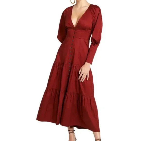 NWOT A.L.C. Fleur Long-Sleeve Tiered Cotton Dress Maroon Deep Red Suma, Size 10 - Picture 1 of 9
